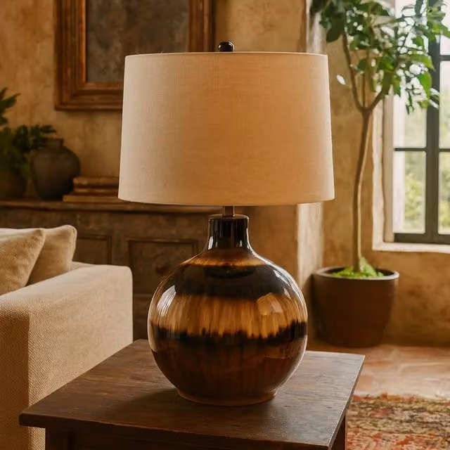 Wyld Haus Honfleur Sepia Shadows Table Lamp with Brown Glass Base and Beige Fabric Shade, H 66 cm x W 43 cm x D 43 cm