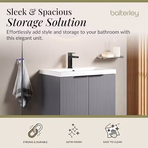 Balterley Grey Floor Standing Bathroom Vanity Unit with Basin and Fluted Front, 2 Soft Close Doors, W: 61.0 cm, D: 39.0 cm, H: 85.0 cm – 2