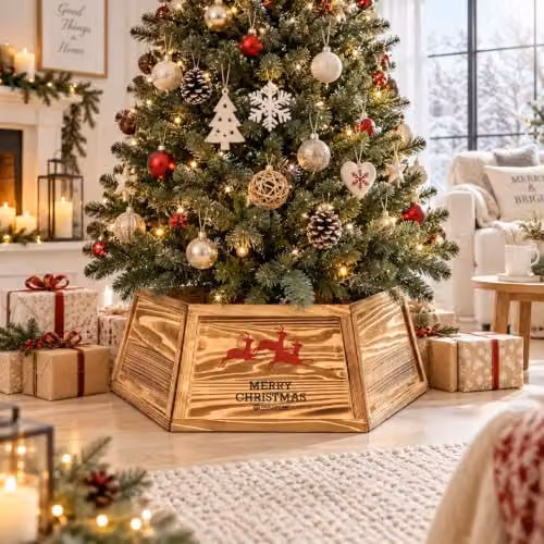 Shatchi Rustic Hexagon Wooden Christmas Tree Collar in Brown and Beige, 80 cm Diameter – 6