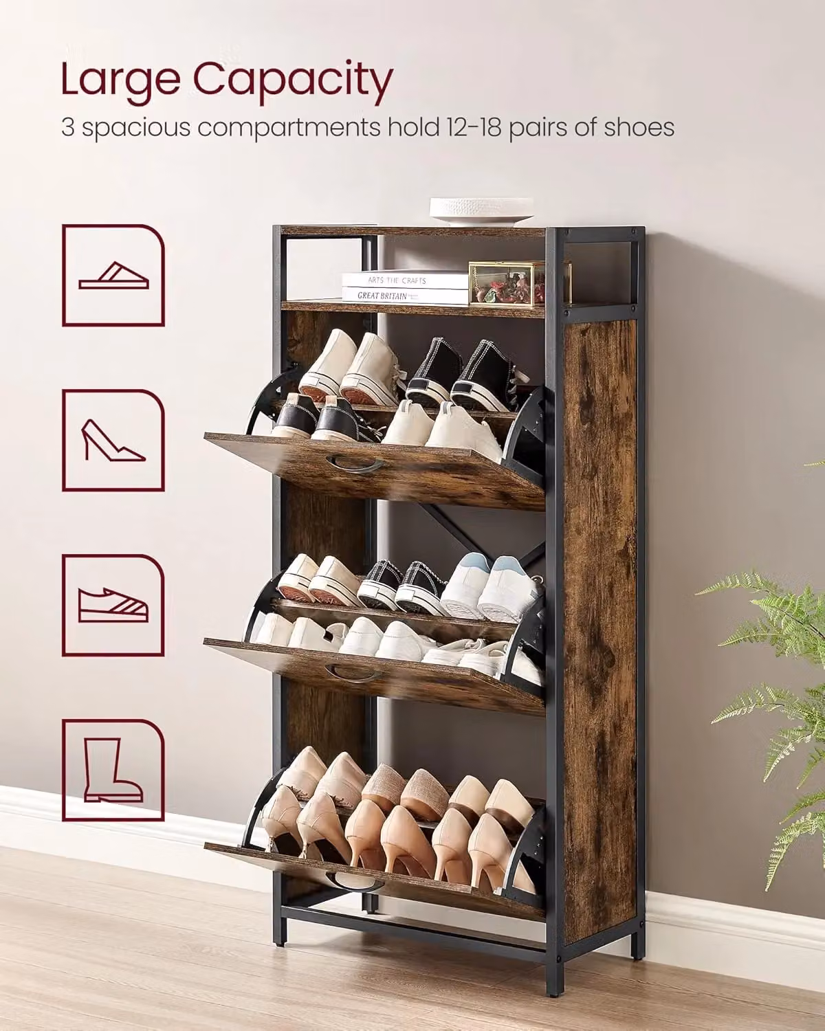 VASAGLE Brown Industrial Shoe Storage Cabinet with Folding Doors and Open Shelf – 3