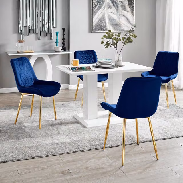 FurnitureboxUK Imperia White Rectangular Dining Table and 4 Pesaro Gold Leg Chairs in Navy and Blue