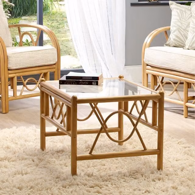Desser Rectangular Boho Rattan and Glass Coffee Table in Brown and Beige