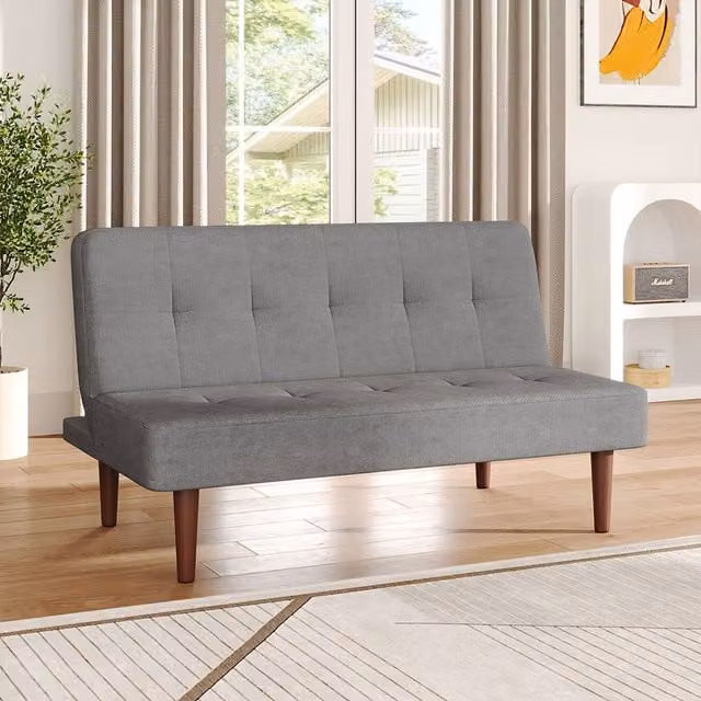 Livingandhome 2-Seater Mid-Century Click-Clack Convertible Sofa Bed in Grey Fabric with Solid Wood Frame