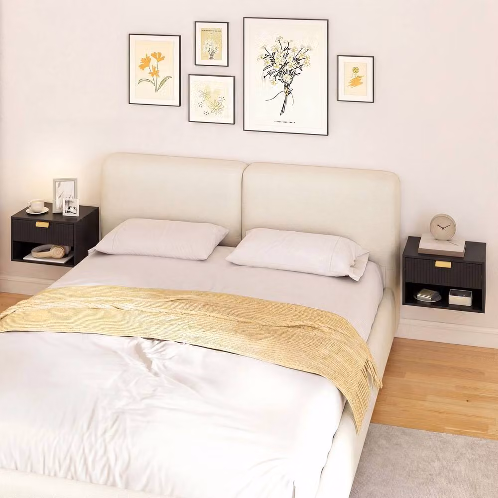 STILVORA Wall Mounted Nightstand Set with Fluted Drawer in Black – 7