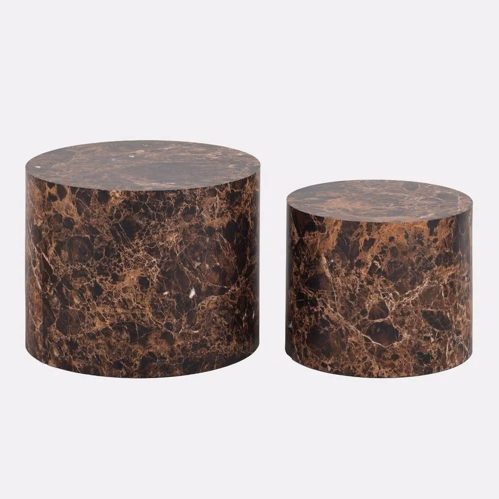 OHS Set of 2 Round Marble Effect Coffee Tables in Chocolate Brown – 2