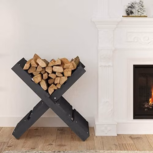 vidaXL Freestanding Solid Pine Wood Log Holder, Grey, W: 47 cm, D: 39.5 cm, H: 48 cm