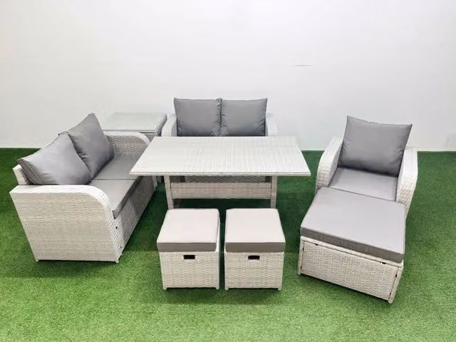 Fimous Grey Poly Rattan Garden Furniture Set with Reclining Chair, Loveseat Sofa, Rectangular Dining Table and 3 Stools