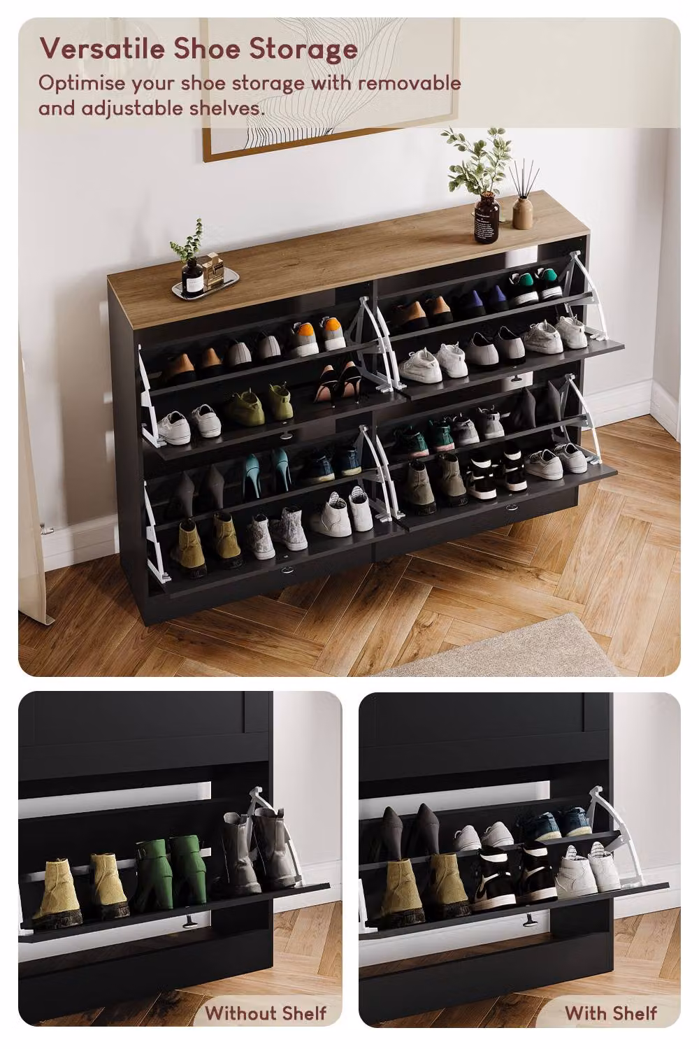 HD Designs Modern Black Matt Flip Down Shoe Cabinet with LED Lighting and Internal Shelves – 3
