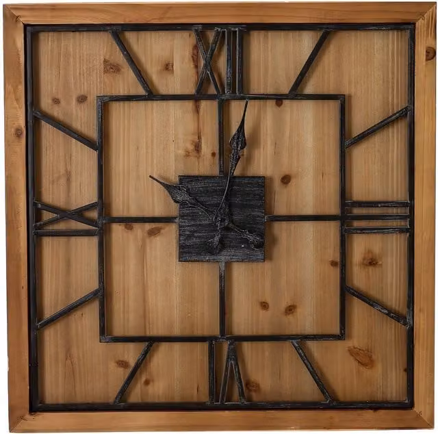 KDMK Industrial Square Wooden and Metal Analog Quartz Wall Clock in Brown and Grey