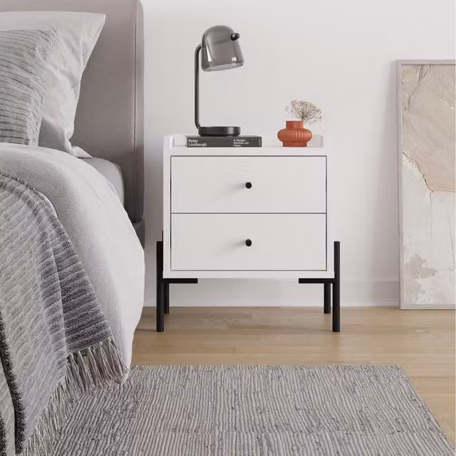 Decortie Malta Bedside Table with 2 Drawers and Metal Legs in White and Oak
