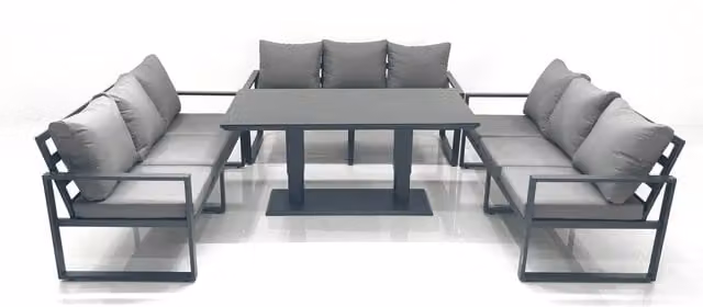 Fimous 9 Seater Aluminium Garden Sofa Set with Rising Dining Table in Dark Grey