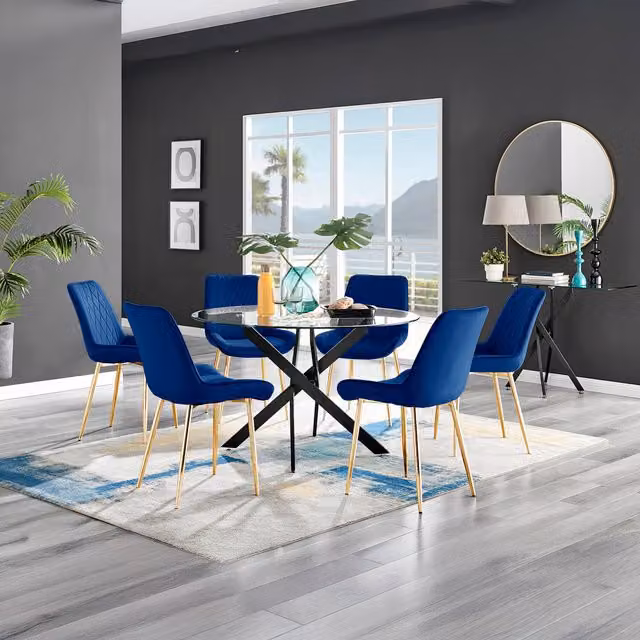 FurnitureboxUK Novara Round Glass Dining Table with 6 Pesaro Gold Leg Chairs in Navy Blue