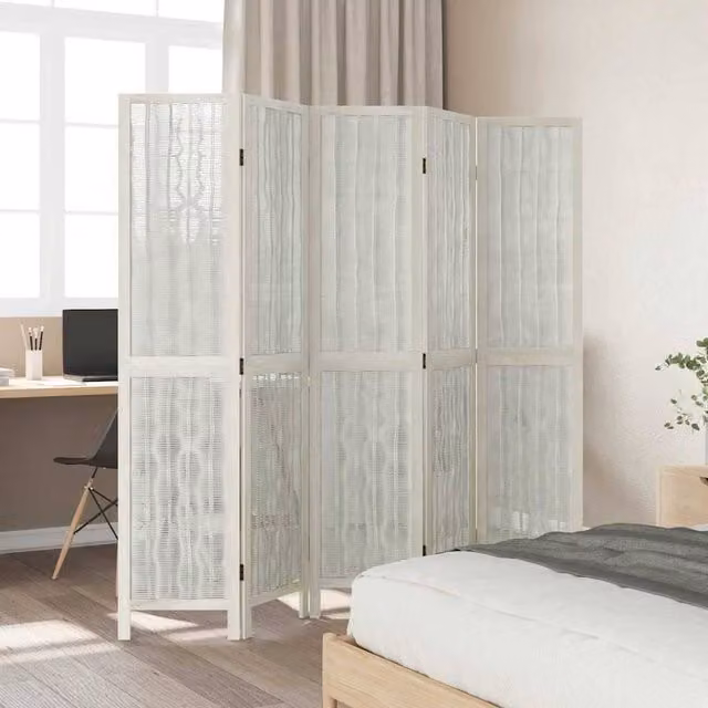 Berkfield Home 5 Panel Room Divider in White Solid Paulownia Wood, H 180 cm x W 175 cm
