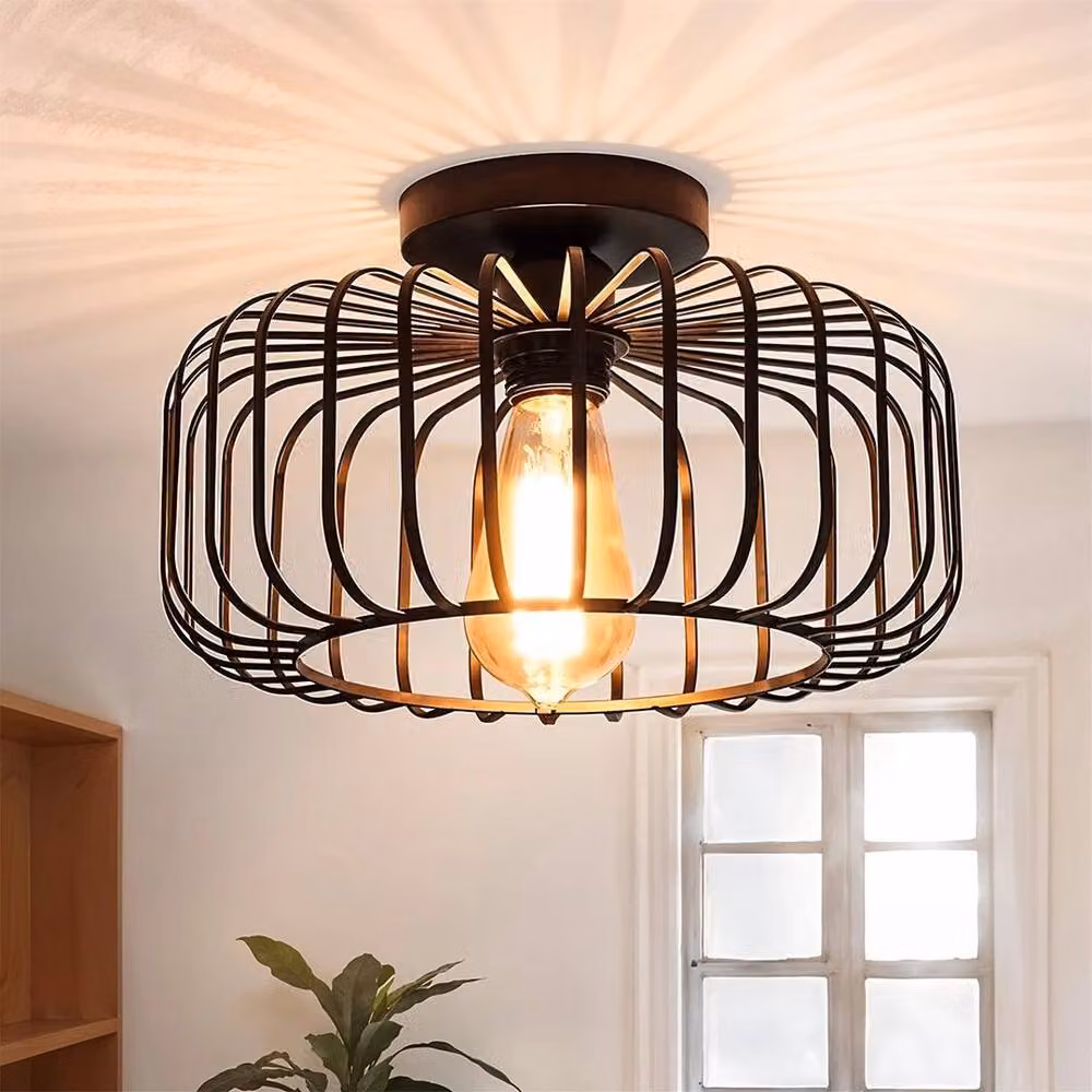 KORVIXA Vintage Black Metal Semi-Flush Hallway Ceiling Light – 3