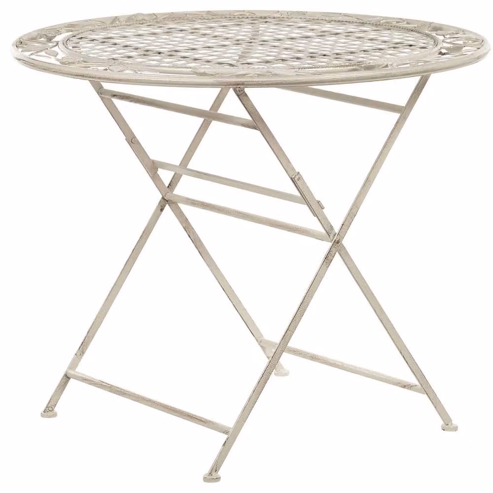 Wyld and Coco Provence Round Foldable Iron Table in White with Distressed Finish, Diameter: 90 cm – 2