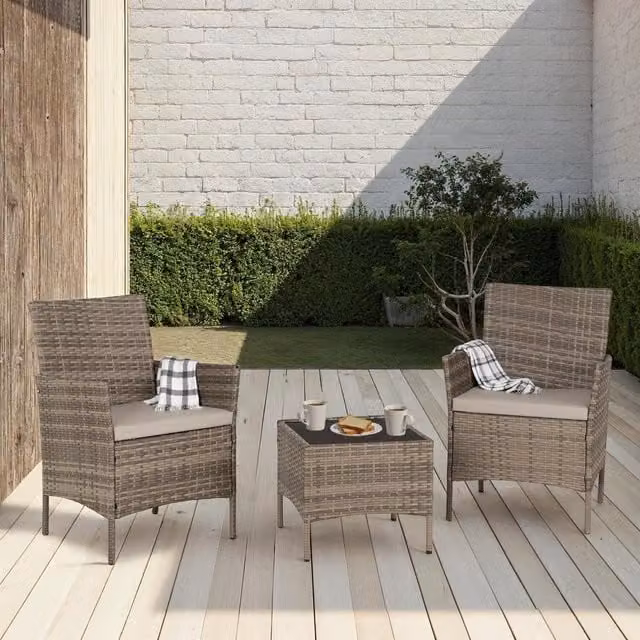 Seconique Willow 3 Piece Grey Rattan Garden Set with Glass Table