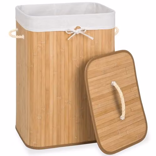 tectake 72L Foldable Bamboo Laundry Basket with Lid and Removable Washable Bag in Beige – 1