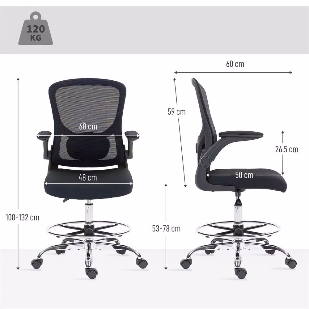 EONLION Black Drafting Chair with 4D Lumbar Support and Foot Ring, Height: 100 cm – 2