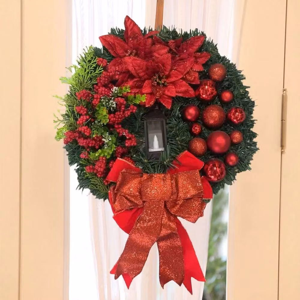 FLAVORA Large Red Christmas Lighting Wreath Garland with Warm White Lights, Diameter: 100 cm, Depth: 15 cm – 3