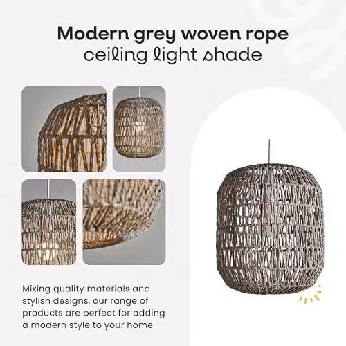 MiniSun Modern Grey Woven Rope Cylinder Pendant Ceiling Light Shade, Width: 25 cm – 2