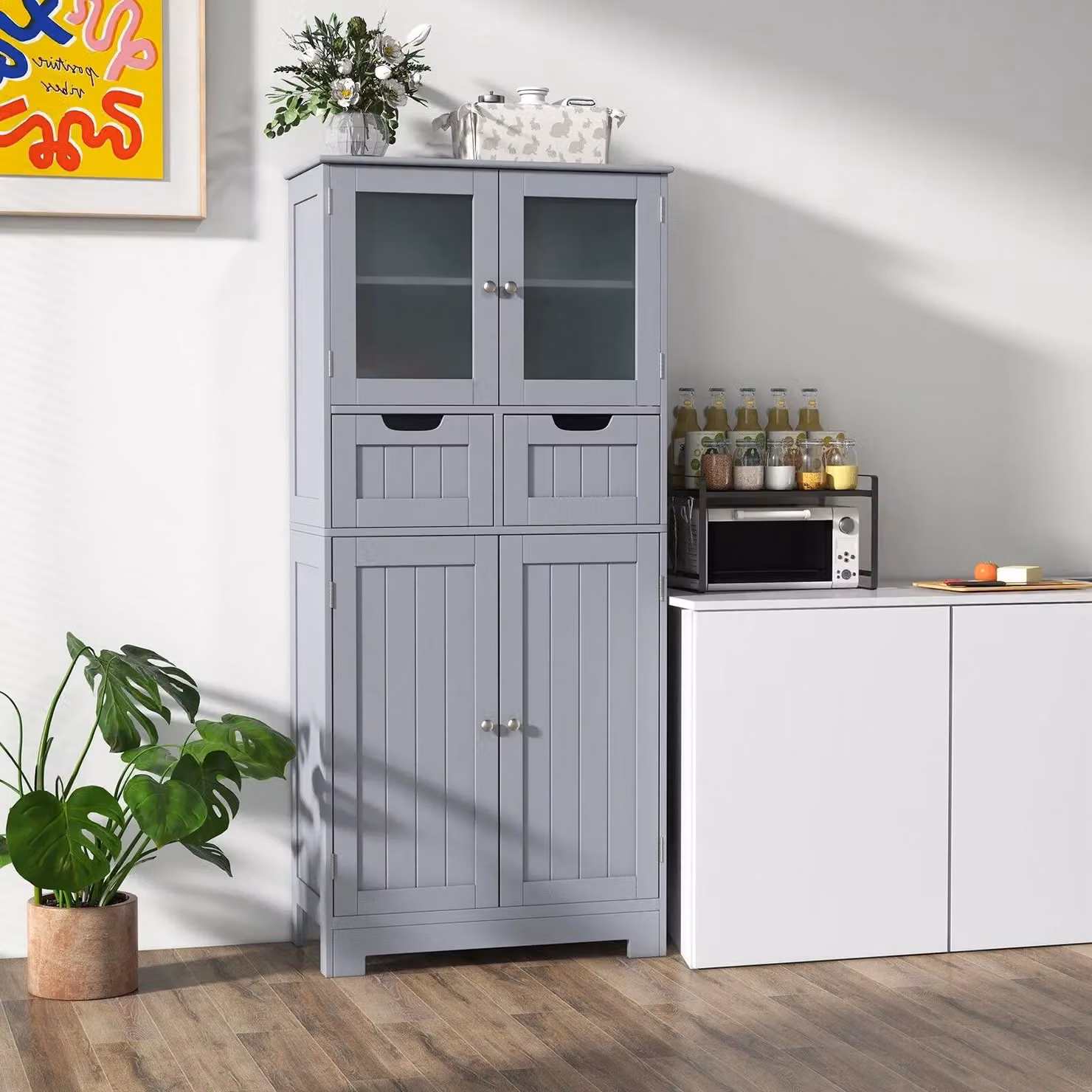 Gymax Tall Grey Bathroom Cabinet with Double Hinged Doors and 2 Internal Drawers – 2