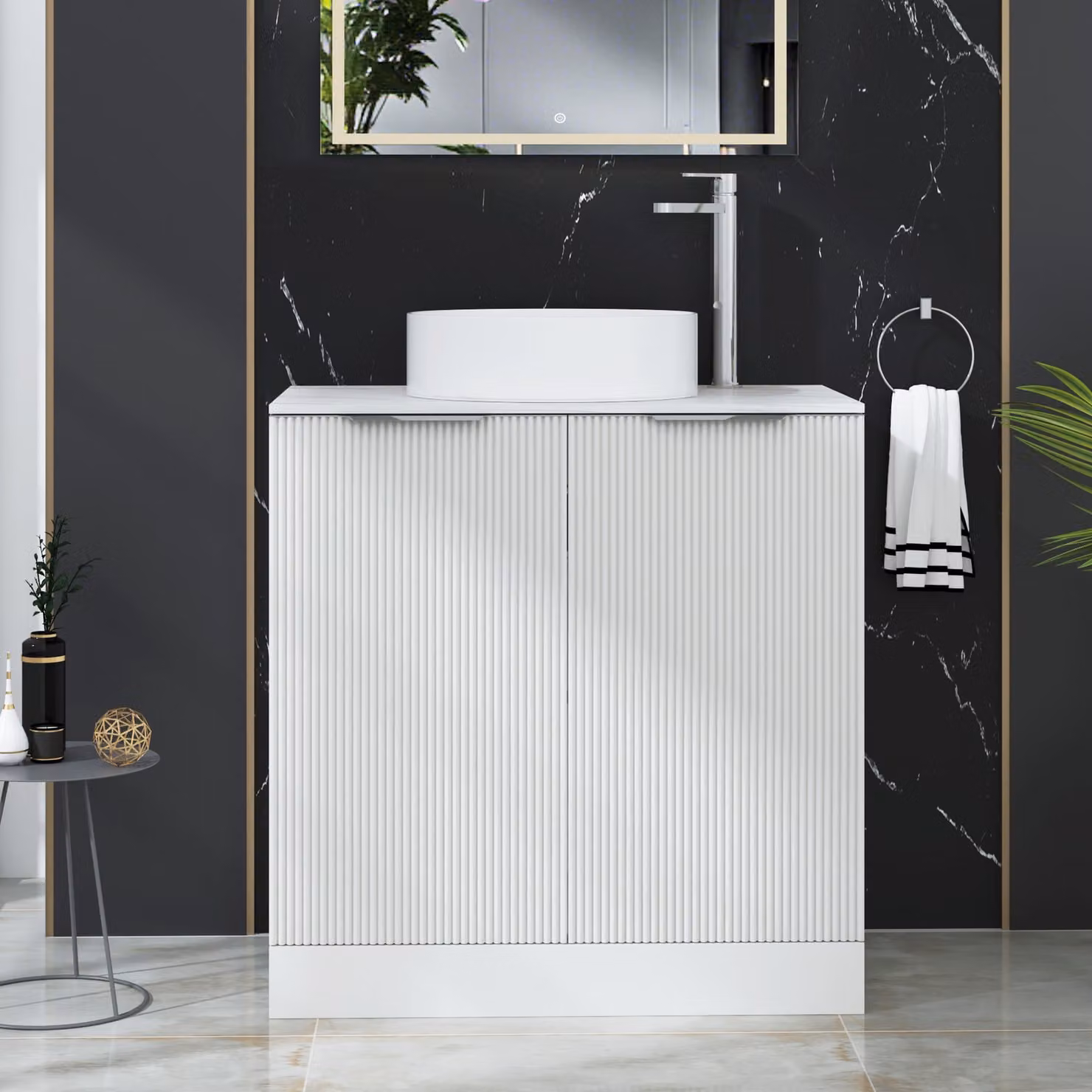 Royal Bathrooms Evora Matt White Fluted Floor Standing 2 Door Vanity Unit with Art Deco Stone Basin, Width: 80 cm