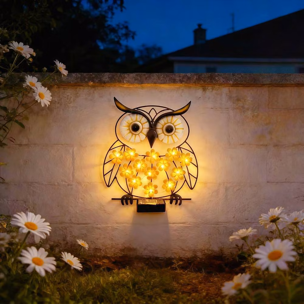 Quipulse Solar-Powered LED Wrought-Iron Owl Wall Light in Black with Dusk Sensor and Warm White Light – 3