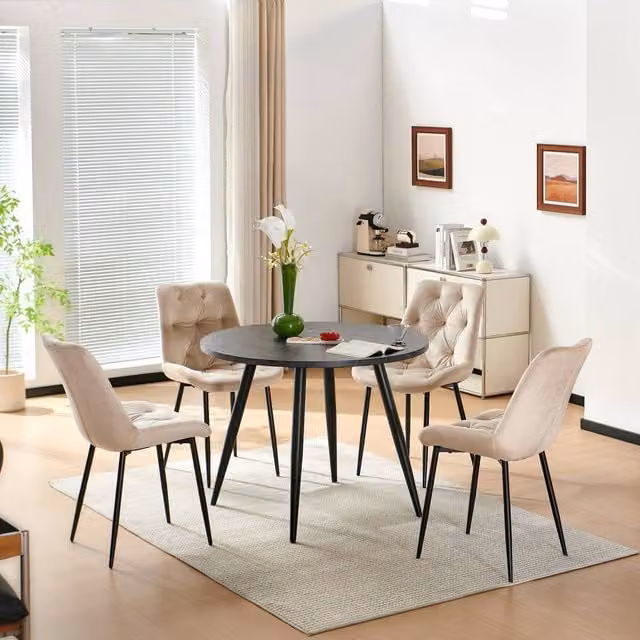 SONARA Modern Round Black Marble Dining Table with 4 Beige Velvet Chairs – 1