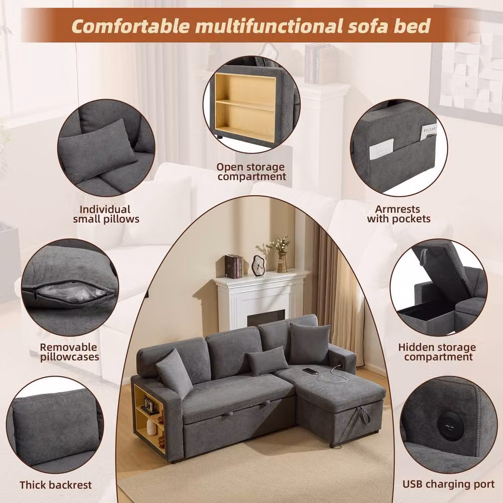 ModernLuxe 3 Seater Reversible L-Shape Corner Sofa Bed with Pull Out Bed, USB Charging and Open Storage in Dark Grey – 2