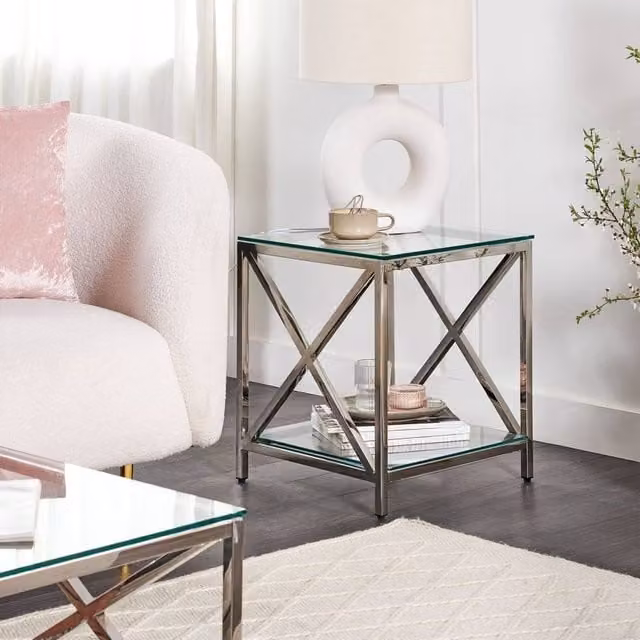 Wyld and Coco Glam Glass Side Table in Silver, W/D/H: 45 x 45 x 48 cm