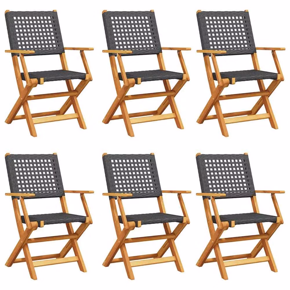 Berkfield Home Beautiful Set of 6 Black Poly Rattan and Oiled Acacia Wood Folding Garden Chairs – 3