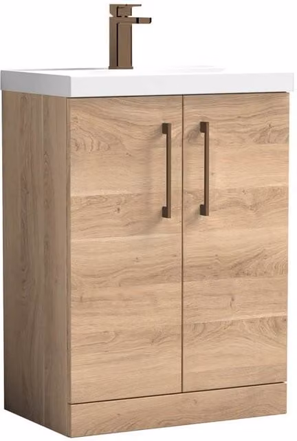 Balterley Contemporary 2-Door Bathroom Floor Vanity and Basin in Bleached Oak Brown, Width: 60 cm
