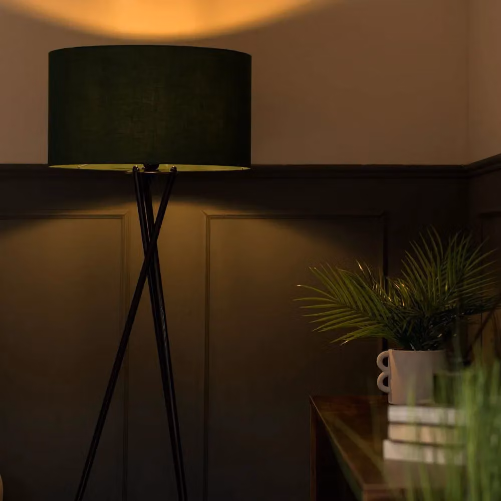ValueLights Camden Black Metal Tripod Floor Lamp with Forest Green Fabric Drum Shade, H 154 cm x W 62 cm – 2