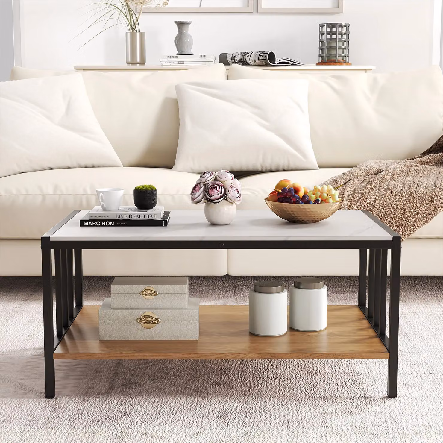 Gymax 2-Tier Rectangular Coffee Table with Storage Shelf in White – 2