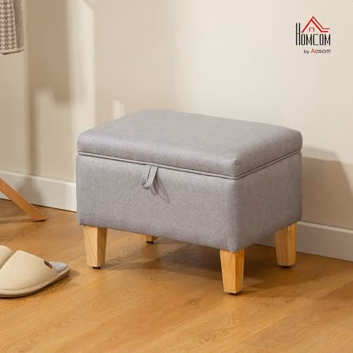 HOMCOM Linen Storage Ottoman with Padded Top and Rubberwood Legs, Grey, W/D/H: 49 x 33 x 36 cm – 2