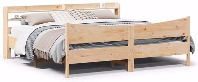 Berkfield Home Super King Bed Frame with Headboard and Side Compartments in Brown Solid Pine Wood, W/D/H: 180 x 200 cm