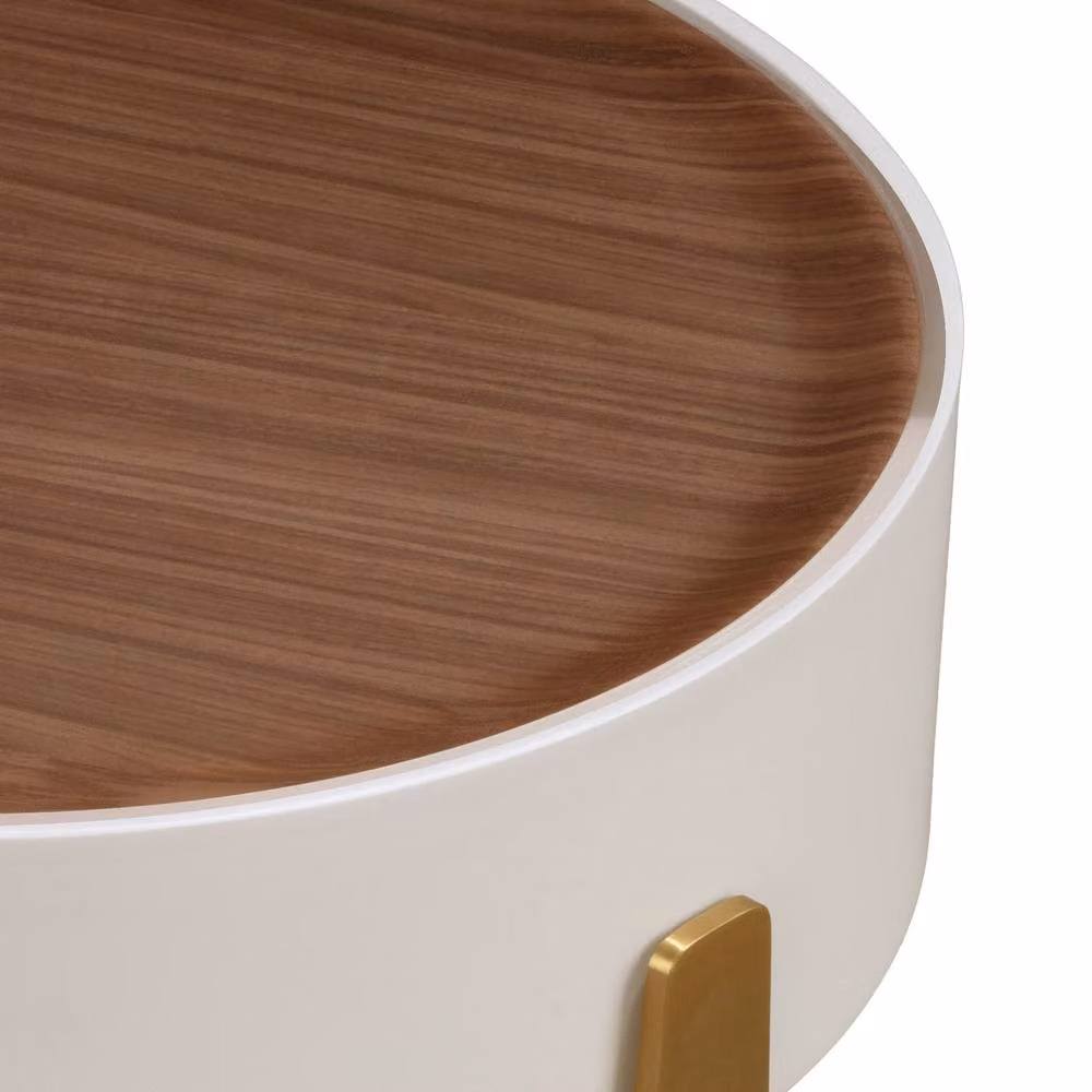 Angel Cerda Round Side Table with Walnut Veneer Top and Gold Base in Beige and Gold – 4