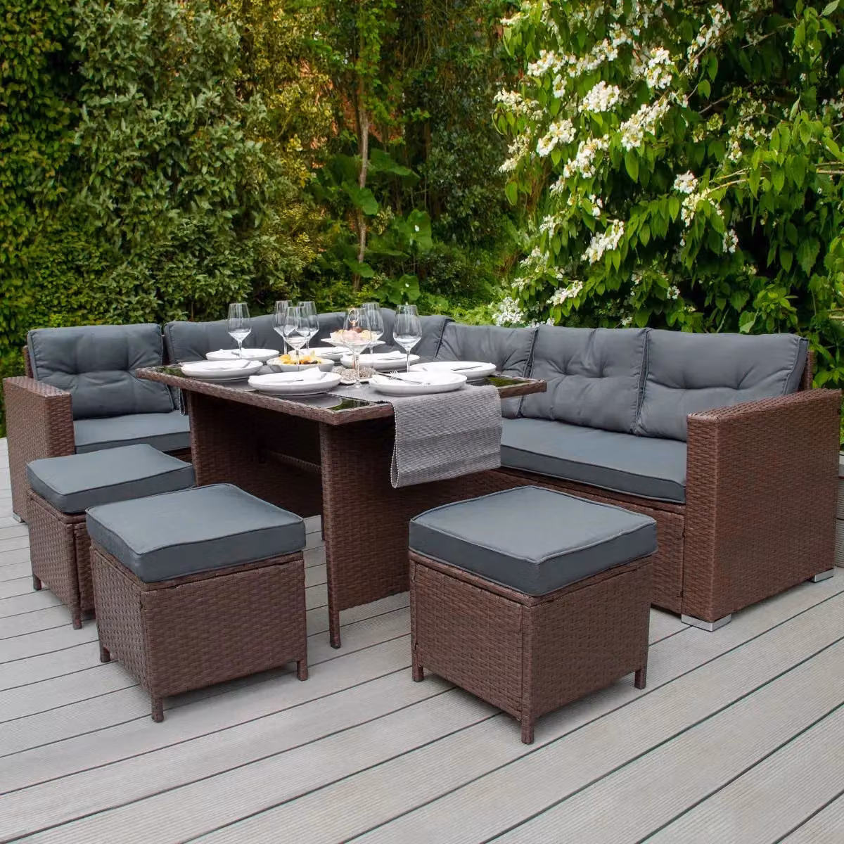 Monstershop Modern Rattan Corner Set in Brown and Grey with Glass Details – 2