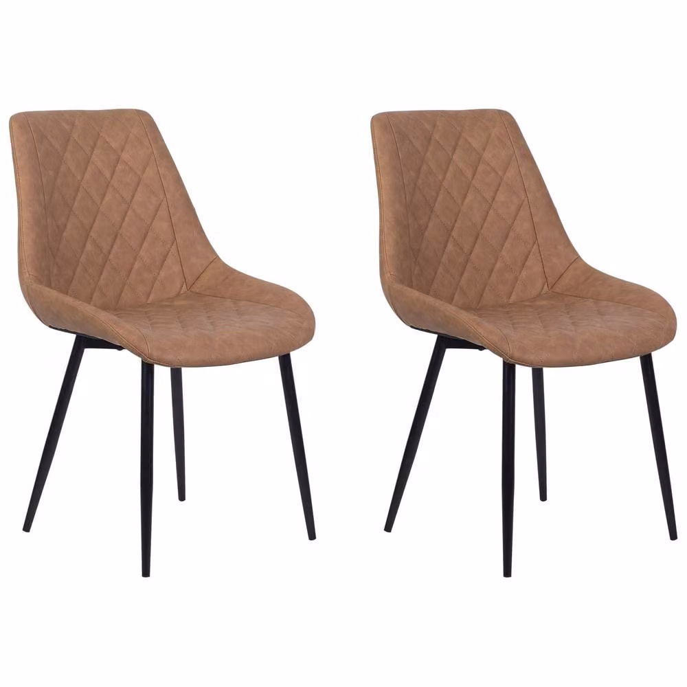 Wyld and Coco Set of 2 Brown Quilted Faux Leather Dining Chairs with Black Powder Coated Iron Legs – 2