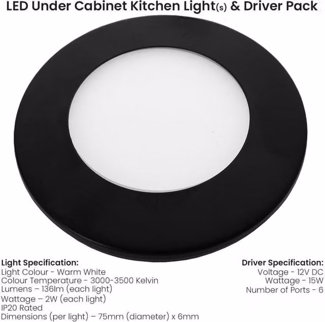 Loops 6x Matt Black Ultra-Slim Round Under Cabinet Kitchen LED Light and Driver Kit with Warm White Diffused Light – 1