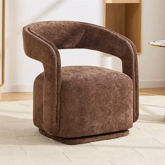 Direct Wicker Brown Chenille 360 Degree Swivel Armchair with Fabric Covered Wooden Base