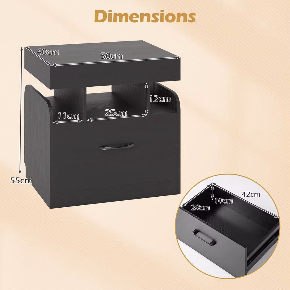 Costway Modern Wooden Nightstand with Drawer and Charging Outlets in Black – 2