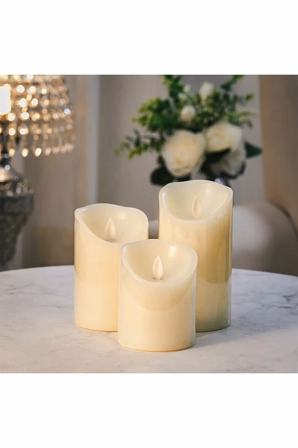 Living and Home 3-Piece Remote-Controlled LED Flameless Pillar Candle Set in Beige with Flicker Effect – 3
