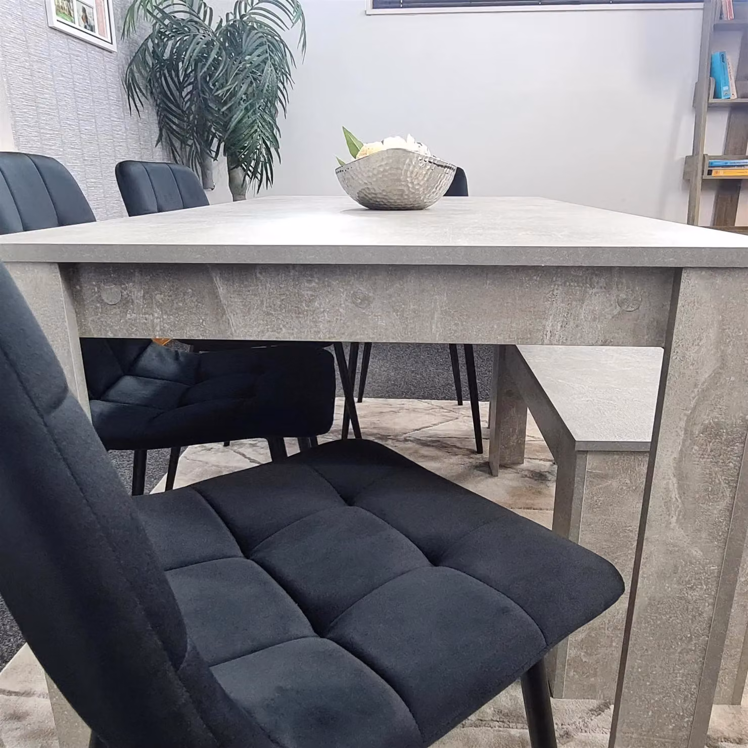 KOSY KOALA Modern Brown Dining Set with Grey Rectangular Table, 4 Black Velvet Chairs and 1 Bench – 4
