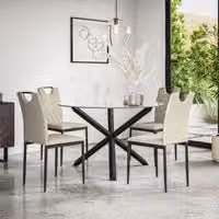More4Homes Malvern Round Dining Table and 4 Monza Fabric Chairs Set, Clear Glass Top with Solid Oak Black Legs and Beige Chairs, Diameter: 120 cm, Height: 75 cm