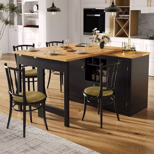 Rolipo Extendable Kitchen Island and Rotating Bar Table with Storage in Matt Black – 1