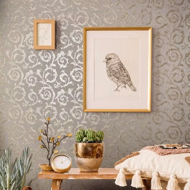 Galerie Industrial Effects Feathered Floral Botanical Wallpaper in Silver Grey and Gold