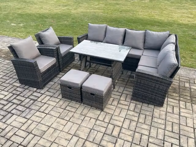 Fimous High Back Rattan Garden Furniture Set in Dark Grey with Corner Sofa, Dining Table, Armchairs and Footstool