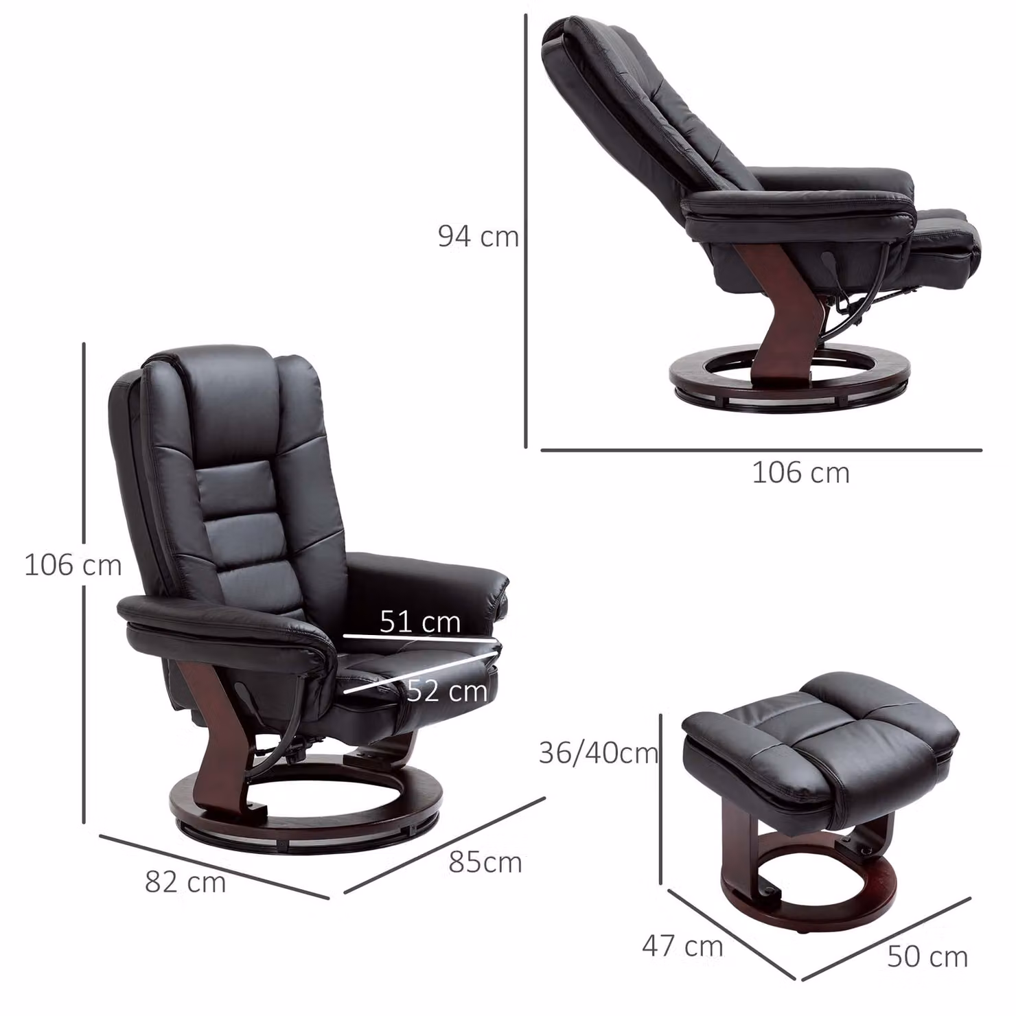 HOMCOM Black PU Leather Manual Recliner and Footrest Set with 360 Degree Swivel Wood Base – 3