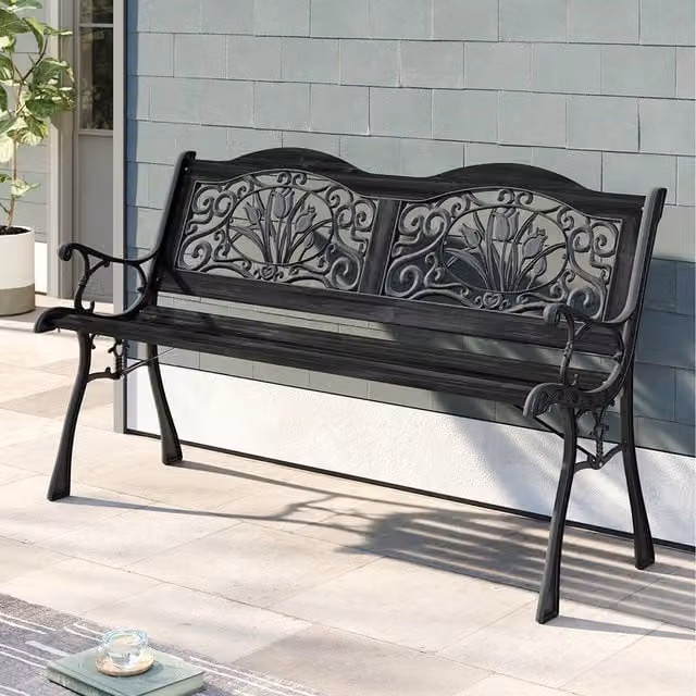 Lifeideas Black Metal Garden Bench with Armrests and Floral Art Nouveau Design